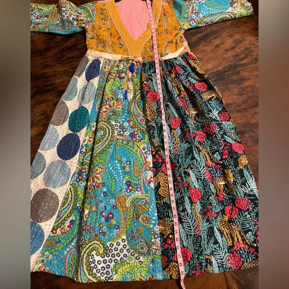 Kantha Bohemian Mixed-Print V-Neck Women’s Dress in Mustard & Teal - Picture 7 of 7